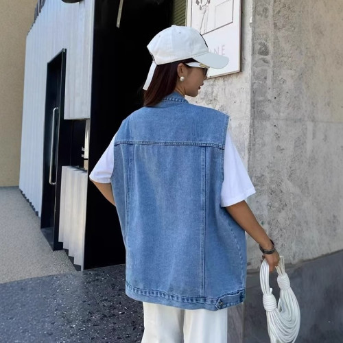 大碼300斤薄款復古牛仔馬甲男女裝夏季新款口袋寬松曡穿坎肩外套2