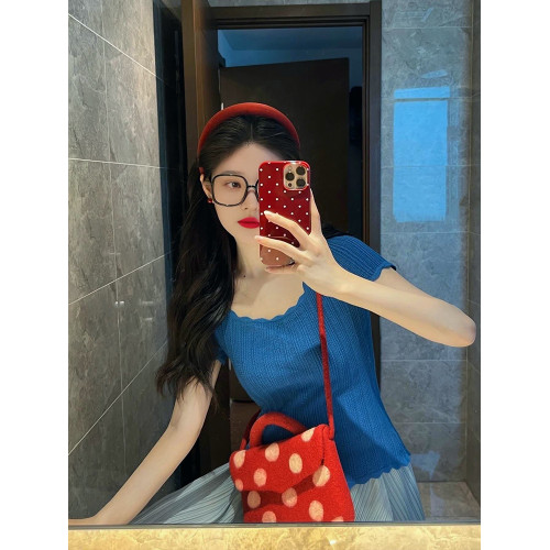 三宅褶皺裙短袖女T恤夏季套裝法式高腰顯瘦藍色花苞半身裙兩件套