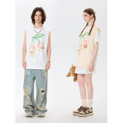 LAMLICKA櫻桃小熊坎肩背心女夏季潮牌美式純棉寬松白色無袖t恤男