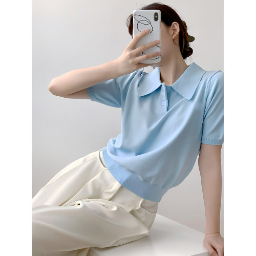 多巴胺奶藍色polo衫女t恤夏季2025新款冰絲針織短袖收腰上衣短款