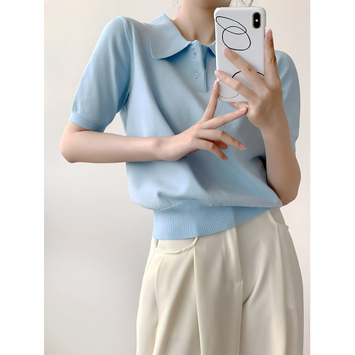 多巴胺奶藍色polo衫女t恤夏季2025新款冰絲針織短袖收腰上衣短款