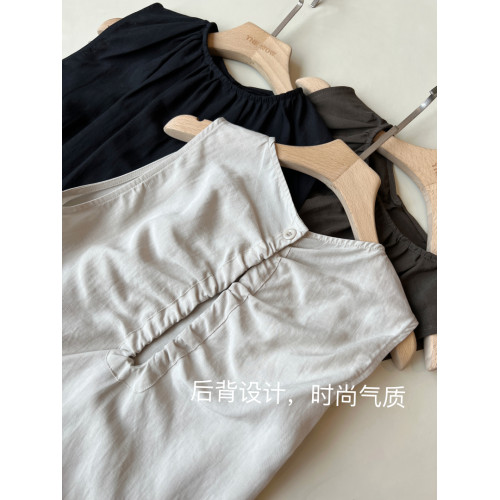 北歐小衆 高級亞麻天絲涼感舒適後背捏褶背心女T恤夏新款