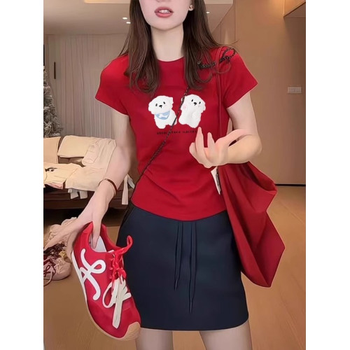 美式紅色正肩短袖女t恤2025夏日新款修身顯瘦減齡百搭巨好看上衣