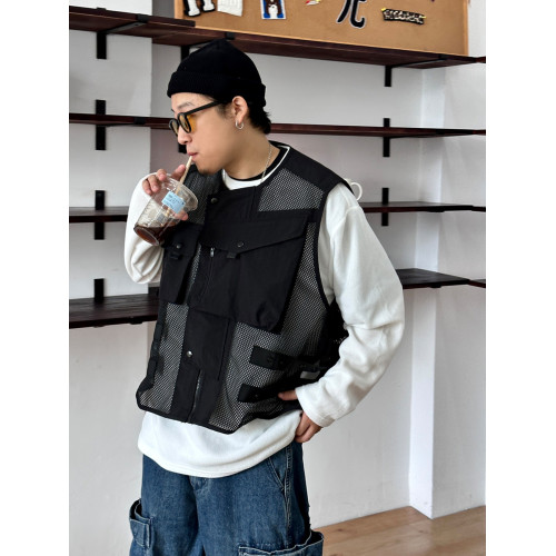 曡穿造型黑白純色馬甲四季搭配款網面拼接多口袋工裝戶外寬松外套
