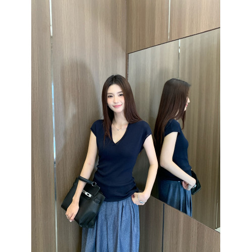 oooiss短袖V領女春夏短款小飛袖冰絲針織衫薄款打底上衣純色t恤