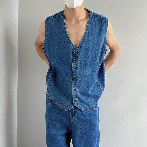 乜Q美式復古時尚簡約牛仔馬甲套裝ins男女休閒百搭慵懶牛仔褲潮流