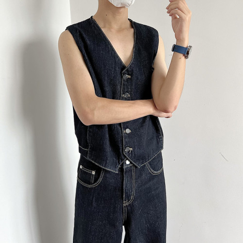 乜Q美式復古時尚簡約牛仔馬甲套裝ins男女休閒百搭慵懶牛仔褲潮流