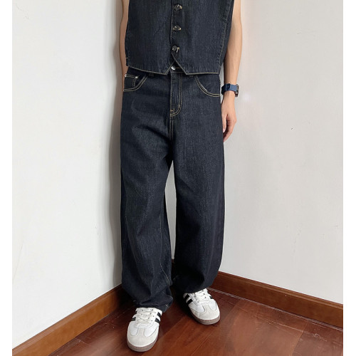 乜Q美式復古時尚簡約牛仔馬甲套裝ins男女休閒百搭慵懶牛仔褲潮流
