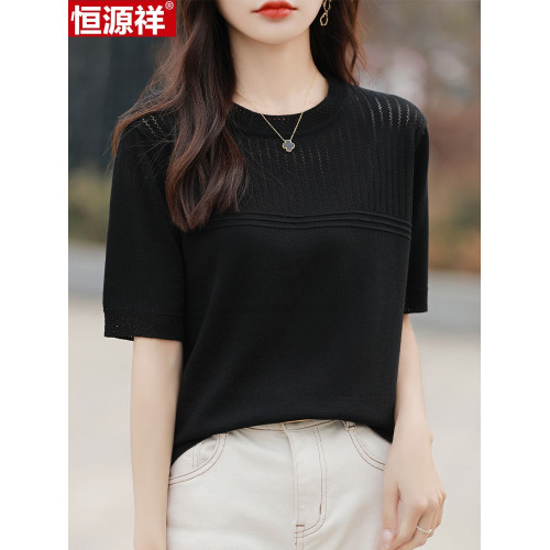 恒源祥桑蠶絲短袖女T恤夏季新款寬松顯瘦圓領針織衫上衣短袖小衫