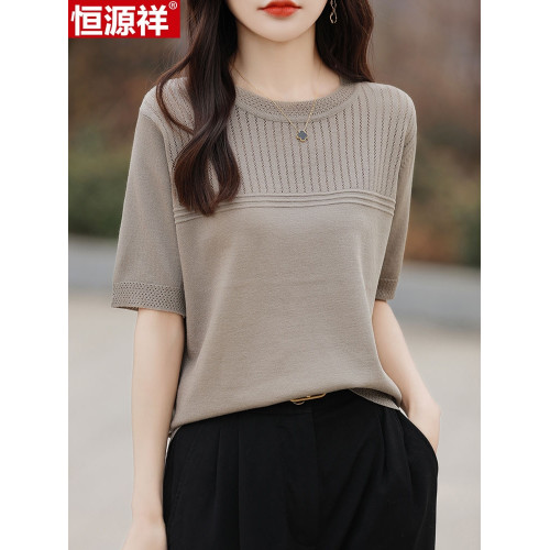 恒源祥桑蠶絲短袖女T恤夏季新款寬松顯瘦圓領針織衫上衣短袖小衫