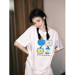 蘋果印花純棉短袖女t恤2025新款夏季設計感小衆寬松半袖圓領上衣