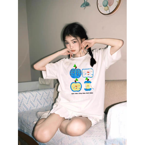 蘋果印花純棉短袖女t恤2025新款夏季設計感小衆寬松半袖圓領上衣