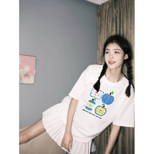 蘋果印花純棉短袖女t恤2025新款夏季設計感小衆寬松半袖圓領上衣