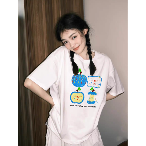 蘋果印花純棉短袖女t恤2025新款夏季設計感小衆寬松半袖圓領上衣