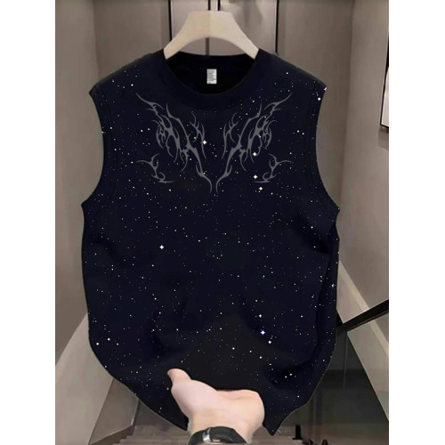 美式高街坎肩背心男女款夏季潮牌ins復古運動滿天星黑無袖純棉T恤