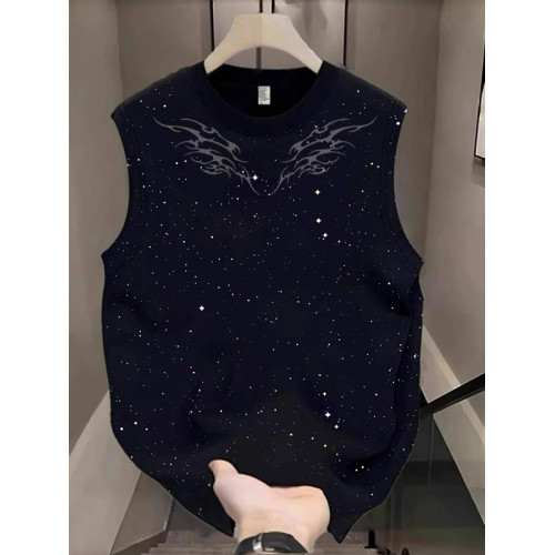 美式高街坎肩背心男女款夏季潮牌ins復古運動滿天星黑無袖純棉T恤