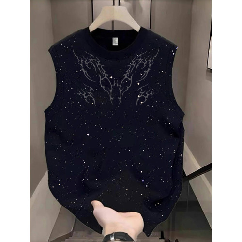 美式高街坎肩背心男女款夏季潮牌ins復古運動滿天星黑無袖純棉T恤