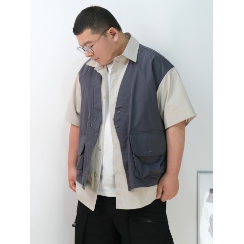 日系cityboy復古撞色假兩件馬甲短袖襯衫男女潮牌夏季工裝襯衣