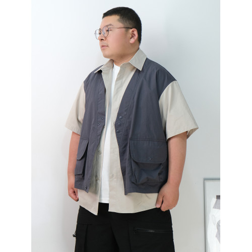 日系cityboy復古撞色假兩件馬甲短袖襯衫男女潮牌夏季工裝襯衣