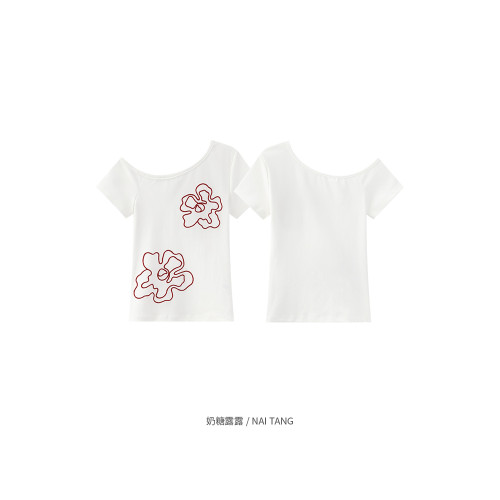 美式辣妹斜肩立體花朵刺綉短袖女t恤夏新款2025修身顯瘦百搭上衣
