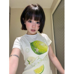 美式檸檬立體鑽石正肩修身短袖女t恤2025新款設計感小衆辣妹上衣