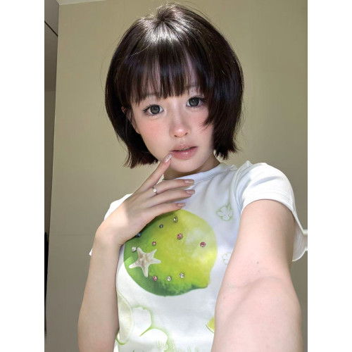 美式檸檬立體鑽石正肩修身短袖女t恤2025新款設計感小衆辣妹上衣