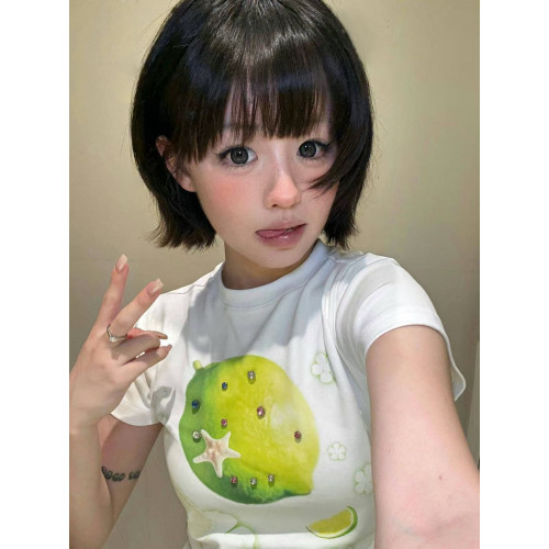 美式檸檬立體鑽石正肩修身短袖女t恤2025新款設計感小衆辣妹上衣
