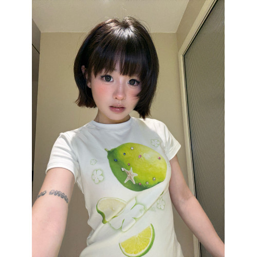 美式檸檬立體鑽石正肩修身短袖女t恤2025新款設計感小衆辣妹上衣