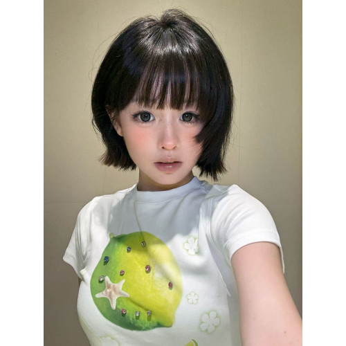 美式檸檬立體鑽石正肩修身短袖女t恤2025新款設計感小衆辣妹上衣