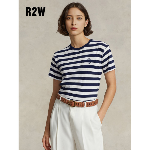 RTW條紋女t恤美式海軍風夏季新款藍白短袖正肩修身海魂衫內搭上衣