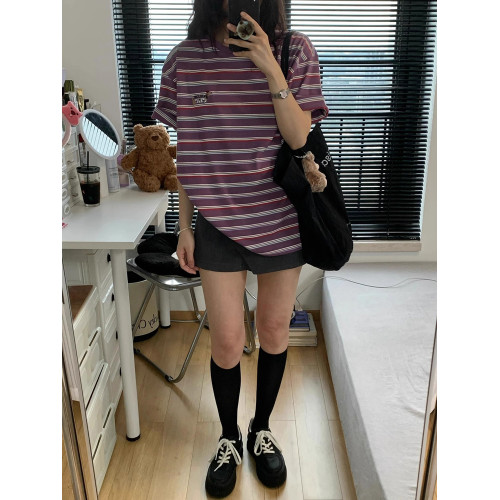 港風復古穿搭撞色條紋短袖女T恤2025新款夏季寬松百搭休閒上衣ins