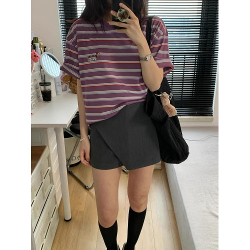 港風復古穿搭撞色條紋短袖女T恤2025新款夏季寬松百搭休閒上衣ins
