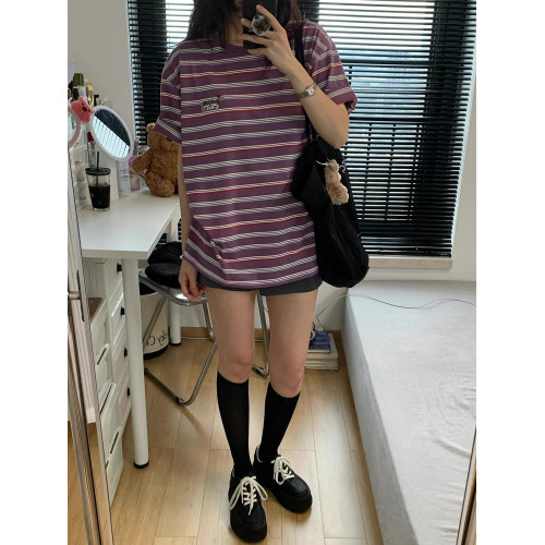 港風復古穿搭撞色條紋短袖女T恤2025新款夏季寬松百搭休閒上衣ins