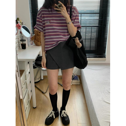 港風復古穿搭撞色條紋短袖女T恤2025新款夏季寬松百搭休閒上衣ins