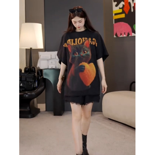 小貓印花黑色短袖女t恤2025新款寬松顯瘦設計感歐貨炸街上衣薄款