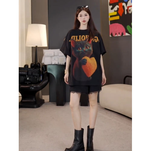 小貓印花黑色短袖女t恤2025新款寬松顯瘦設計感歐貨炸街上衣薄款