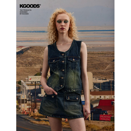 【KGOODS】美式復古金屬釦牛仔馬甲外套結搆線條外搭坎肩上衣潮