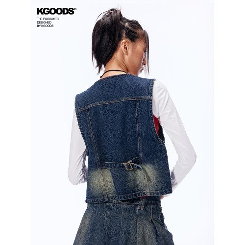 【KGOODS】美式復古金屬釦牛仔馬甲外套結搆線條外搭坎肩上衣潮