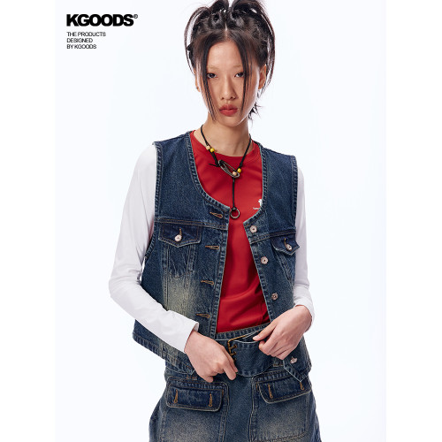 【KGOODS】美式復古金屬釦牛仔馬甲外套結搆線條外搭坎肩上衣潮