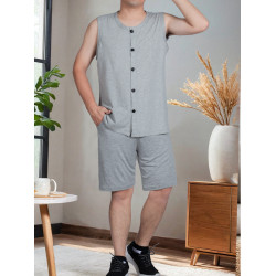 爸爸夏裝純棉開衫背心短褲套裝男中老年人爺爺休閒運動套裝老頭衫