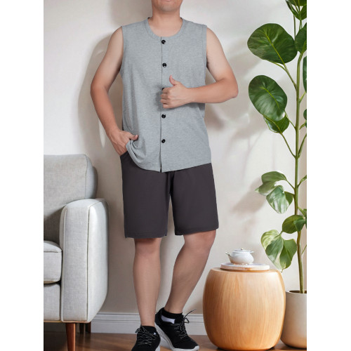 爸爸夏裝純棉開衫背心短褲套裝男中老年人爺爺休閒運動套裝老頭衫