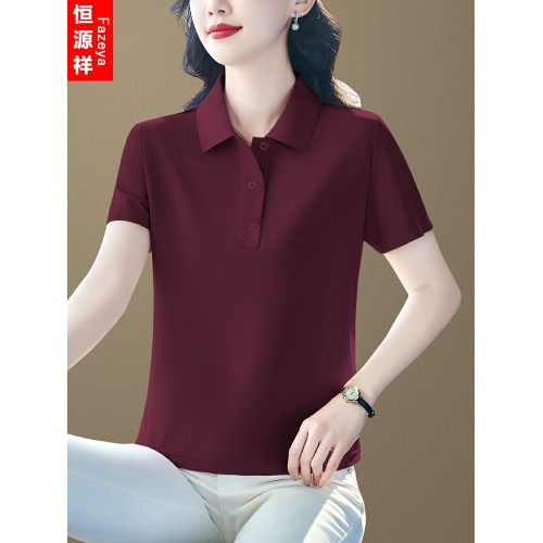 恒源祥短袖女t恤夏2025新款媽媽polo衫減齡百搭休閒上衣翻領綉花