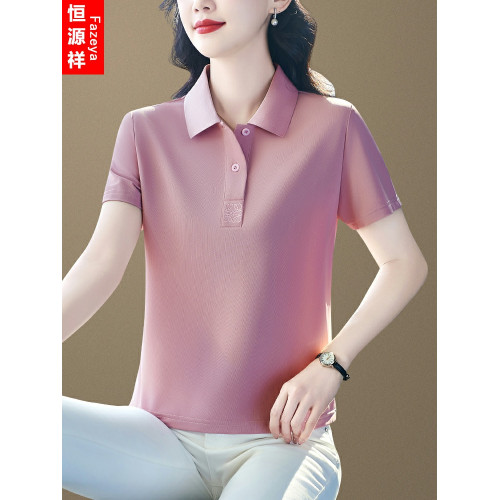 恒源祥短袖女t恤夏2025新款媽媽polo衫減齡百搭休閒上衣翻領綉花