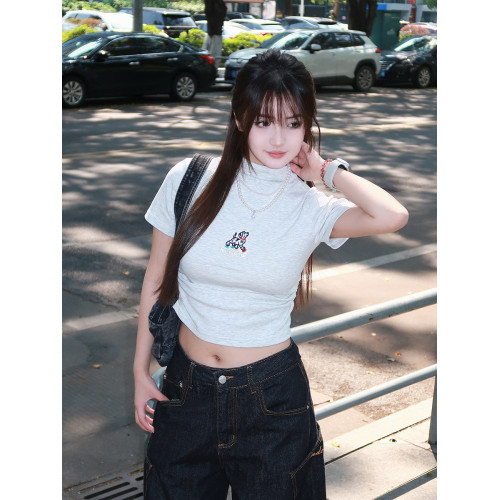 RZL美式甜酷刺綉小狗半高領正肩短袖女t恤夏收腰顯瘦辣妹短款上衣
