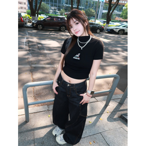 RZL美式甜酷刺綉小狗半高領正肩短袖女t恤夏收腰顯瘦辣妹短款上衣