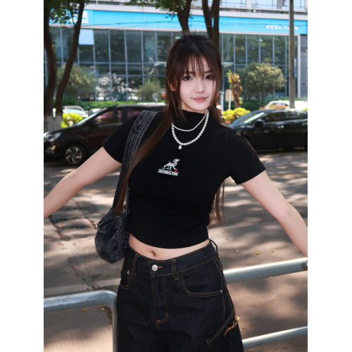 RZL美式甜酷刺綉小狗半高領正肩短袖女t恤夏收腰顯瘦辣妹短款上衣