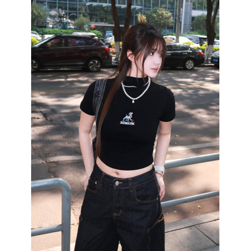 RZL美式甜酷刺綉小狗半高領正肩短袖女t恤夏收腰顯瘦辣妹短款上衣