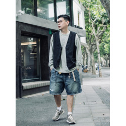 EMLESS23復古DIY徽章機車馬甲百搭國潮珠帆布水洗做舊拉鍊外套男