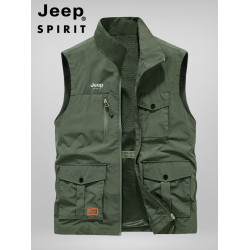 JEEP SPIRIT夏季薄款工裝馬甲男戶外攝影釣魚坎肩立領多口袋外套