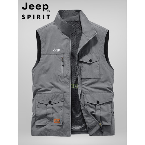 JEEP SPIRIT夏季薄款工裝馬甲男戶外攝影釣魚坎肩立領多口袋外套